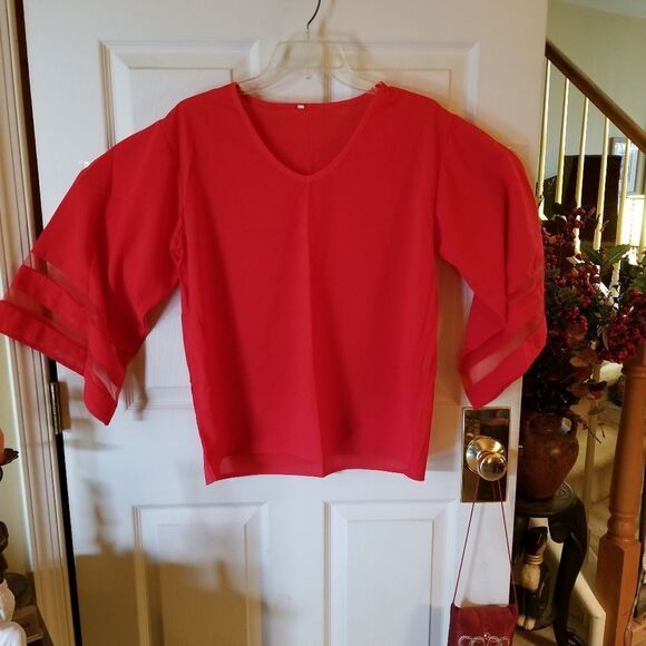 RED COTTON TOP W/ SEE THRU SLEEVES - Picture 2 of 4